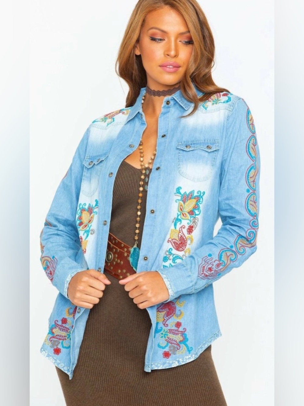 Tasha Polizzi Embroidered Denim Shirt Boho Western Floral Chambray S